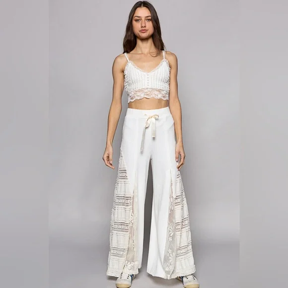43. POL LAST 1! Wide Leg Pant & Lace Dress Top Women's White Drawstring - Picture 4 of 6